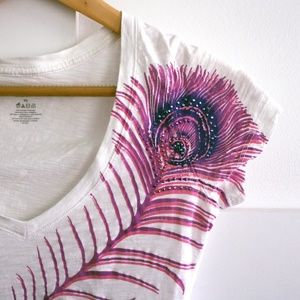 Express Rhinestone Feather V-neck T-shirt